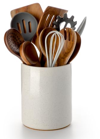 Nucookery Utensil Holder, 6.4 Ceramic Kitchen Utensil Holder for Countertop with Protection Cork Bottom, Vintage Farmhouse Kitchen Decor for Counter, Gift (Sand)