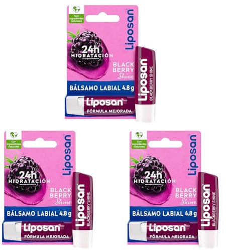Liposan Blackberry Shine (1 x 4,8 g), cacao de labios con olor a frambuesa, bálsamo labial con color, bálsamo hidratante para unos labios bonitos, suaves y jugosos (Paquete de 3)