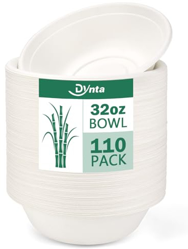Dynta Paper Bowls 110 Pack 32oz Disposable Bowls, Heavy Duty Compostable Bowls, Eco-Friendly Biodegradable Bowl, Large Paper Bowls Bulk for Hot Soup, Salad, Party (White)
