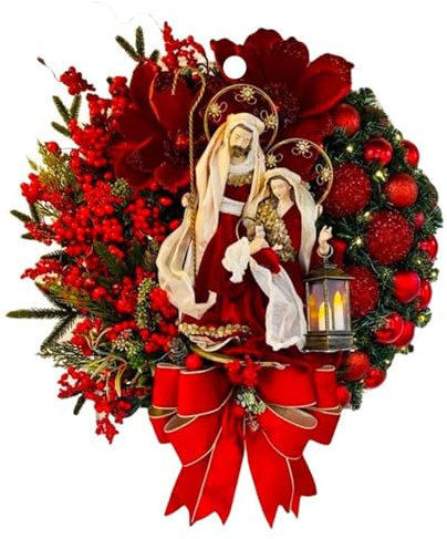 Ghirlanda della Sacra Famiglia Decorazioni Natale Porta d'ingresso Ghirlanda con luci Figura della Natività Bacca Rossa Ornamenti da appendere Artigianato per finestre Decorazione da parete per