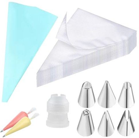 100 Pcs Piping Bags, Piping Bags and Nozzles, Piping Bag, Disposable Piping Bags,1blue Piping Bags Reusable, 6 Nozzles, 2 Couplers,Clear Piping Bags for Cake Cupcake Dessert Cookies Decoration