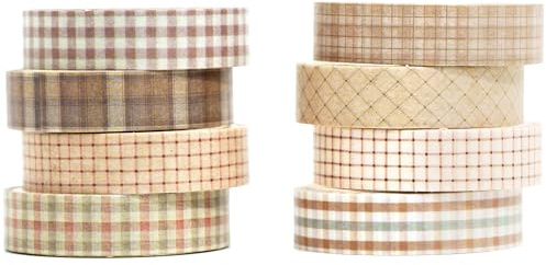 YUBX 8 rullar vintage washi tejpset, retro maskeringstejp dekorativ tejp färgglad för gör-det-själv-hantverk, förskönar journaler, planerare, scrapbooking och förpackning (retropläd)