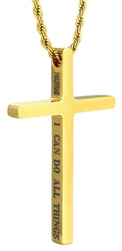HALUKAKAH Collar Cruz Infantil Premium Grabado “I CAN DO ALL THINGS” | Acero de Titanio Quirúrgico Chapado en Oro 24K | Cadena Cuerda 50cm | Hipoalergénico | Caja de Regalo Incluida, para Niños Niñas