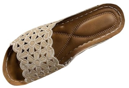 Beige Ladies Fine Seasonal Slippers with Botanical Design Round Toe Open Toe and One Foot Wedge Heel Thick Soled for Museum Openings and Galas