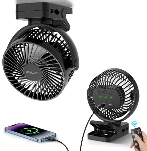 ELZO 12000mAh Clip on Fan, USB Desk Fan Rechargeable with LED Light & Hanging Hook & Magnetic (Black)