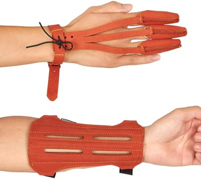Toparchery Archery 2 Straps Arm Guard & 3 Finger Protective Gloves for Recurve Compound Long Bow Hunting Shooting Brown