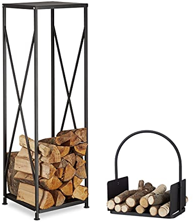 Relaxdays 2X Accessori da Camino, Scaffale Portalegna per Caminetto, Cesto Legna da Ardere, in Acciaio Rivestito a Polvere, Nero
