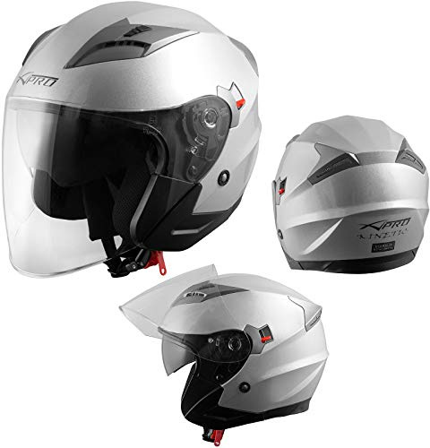 Motorcykelhjälm, fallhjälm, jethjälm, skoter, innersolskydd, visir, silver, S