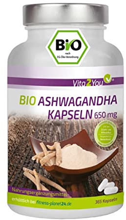 Vita2You Bio Ashwagandha Kapseln 650mg - 365 Kapseln - Hochdosiert - Original indische Schlafbeere - 100% Bio Qualität - indischer Ginseng- Premium Qualität