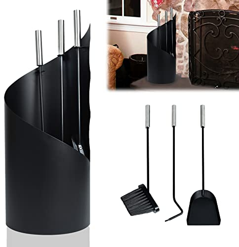 HENGMEI Set di 5 accessori per camino in acciaio inox, set di posate per camino, con supporto, scopa, pinza, gancio, pala per stufa a legna (nero, tipo B)