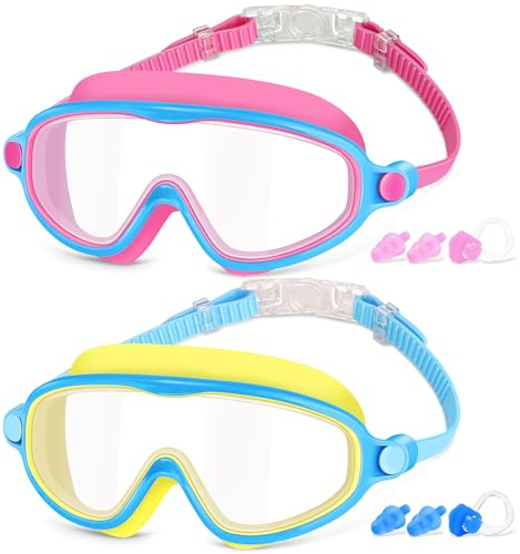 COOLOO Schwimmbrille Kinder, 2 Stück Taucherbrille Kinder 4-14 Jahre,【Patent】 Anti-Beschlag, UV-Schutz, KEIN Auslaufen verstellbare Silikon-Schwimmbrille für Kinder, Mädchen, Jungen