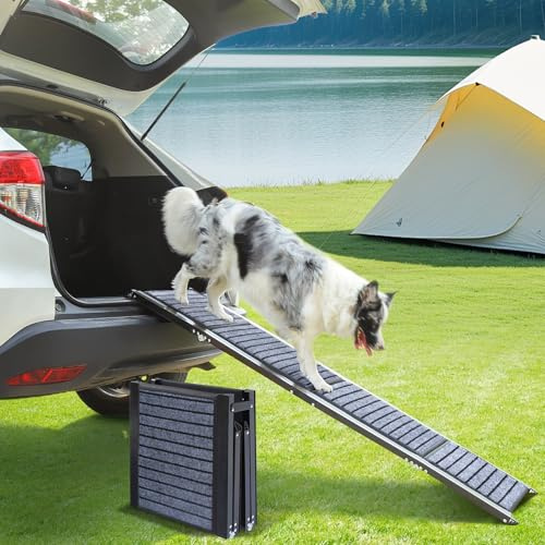 63 Long Dog Ramp for Car, Foldable Dog Ramps for Large Pet, Portable Dogs Ramp for Truck, 17 Wide Pet Car with Non-Slip Rug Surface, Pet Ramp for Large Dogs Up to 200LBS for Car, SUV & Truck-L