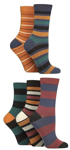 SockShop Ladies Soft Bamboo Socks - Womens, Breathable, Cooling, Plain, Patterned & Striped in a 5 Pair Multipack Size 4-8 Stripe Autumn
