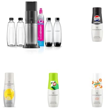 SodaStream DUO Pack - Máquina Gasificadora de Agua Color Negro, Incluye Concentrados de Refrescos de Pepsi Zero, 7UP Zero, Mirinda Zero y Tónica Zero para Añadir a tu Agua con Gas