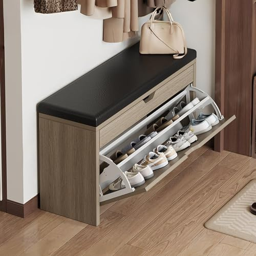 Bancos de almacenamiento, Organizador de zapatos con caja de almacenamiento superior, Cajón abatible Banco zapatero Banco de entrada con acolchado para entrada estrecha, sala de estar, dormitorio(Gray