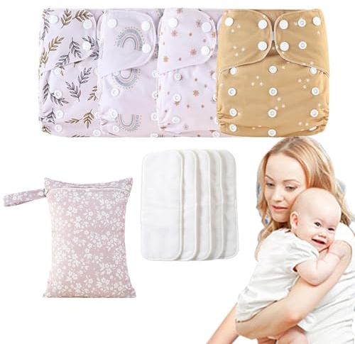 Acunny blöjor för spädbarn, babyblöjor | Justerbara återanvändbara babyblöjor – 4 x absorberande och ventilerande innerfoder, vattentät med 4 skär och 1 våtpåse för flickor