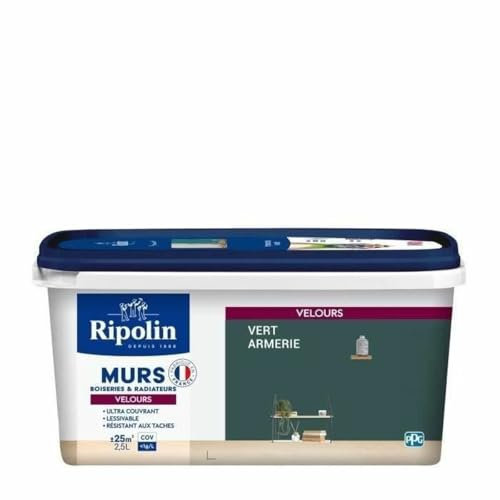RIPOLIN - Peinture Intérieure Multi-Supports – Murs, Boiseries & Radiateurs – Ultra couvrante - Monocouche - Confort d'application - Aspect Velours - Vert Armerie - 2,5L