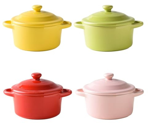 Ramekins Set with Lids of 4, 200ml Porcelain Soufflé Dishes for Creme Brulee & Muffin, Baking Dishes for Pudding & Ice Cream, Mini Bowl for Dips, Sauces, Snacks and Fruits(Colored)