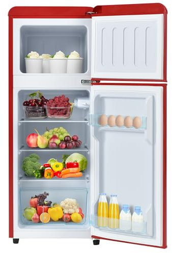 WEALTHKING Réfrigérateur combiné rétro 2 portes avec compartiment congélateur indépendant, température réglable 7 niveaux, étagères intérieures ajustables, éclairage LED, pieds stabilisateurs (Rouge)