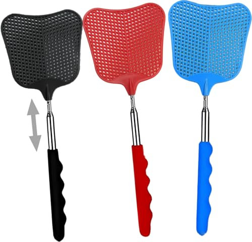 3 Pièces Tapettes à Mouches Extensible, Tapetteà Mouche Coloré, Contrôle des Ravageurs Manuel avec Poignée Télescopique Durable et Robuste, Léger et de Bonne Qualité (Noir,Bleu,Rouge)