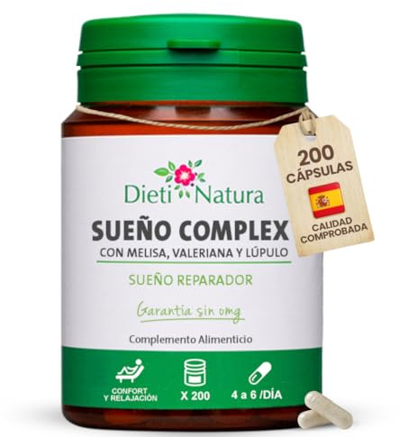 DIETI NATURA Sueño Complex 200 Cápsulas para Dormir Profundamente - Sueño Reparador Natural con Melisa Lúpulo Valeriana y Eschscholtzia - Relajante Natural para Estrés y Descanso Nocturno