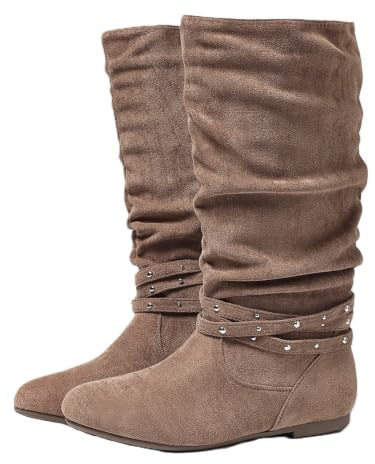 Slouchy rynkade knähöga stövlar för kvinnor platta western cowboy ridstövlar, Mocka kaki 3 bälte nit, 38 EU | med spänne nit rem dekor vardagliga höga vinterstövlar för semester fest shopping gatustil födelsedag