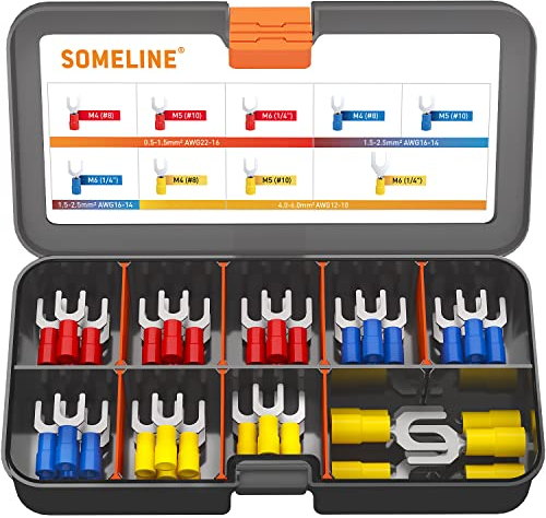 SOMELINE Terminales de horquilla 0,5-6,0 mm² Juego de terminales de horquilla rojo azul amarillo Orificio Terminales de cable parcialmente aislados Conector de cable de cobre estañado 75 piezas