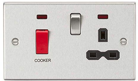 Knightsbridge CS83BC 45A DP Cooker Switch & 13A Switched Socket with Neons & Black Insert - Square Edge Brushed Chrome