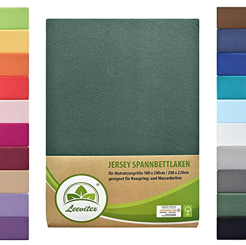 Boxspringbett & Wasserbett Spannbettlaken von leevitex® | Spannbetttuch | Jersey 180 x 200-200 x 220 cm, 40cm Steghöhe 100% Baumwolle ca. 170 g/m² (Dunkel Grün)
