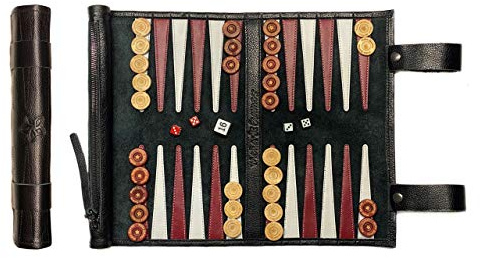 Melia Games Backgammon roll up, travel backgammon made of the finest real nubuck leather with handmade wooden counters (Black Backgammon)