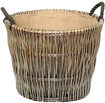 Traditional Large Wicker Log Basket for Fireplaces with Hessian Lining and Rope Handles - Perfect for Indoor Wood Burners and Inglenook Firesides - 50cm Diameter