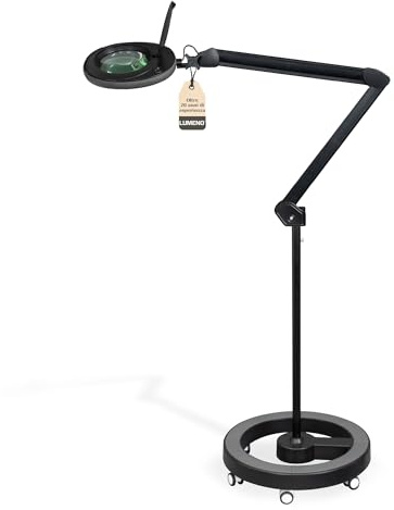 Lumeno LED förstoringslampa 7215SW Lupplampa med 127 mm glaslins, arbetsplatslampa, kosmetiklampa, lämplig för kosmetik, hobbyister, förstoringsglas för läshjälp, 5 dioptrier svart med rullstativ