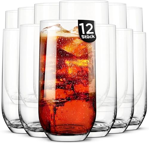KONZEPT Set de 12 verres à eau transparents de 400 ml, Idéal pour les jus de fruits, cocktails, long drinks, café glacé, Verres à long drink élégants et robustes, Lavables au lave-vaisselle