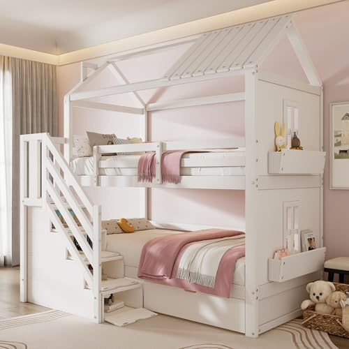 Azkoeesy letto a castello 90x200 cm con Scala Sicurezza e contenitore, design a forma di casa per bambini, libreria, cassetto, corrimano di sicurezza e protezione anticaduta, legno di pino, bianco