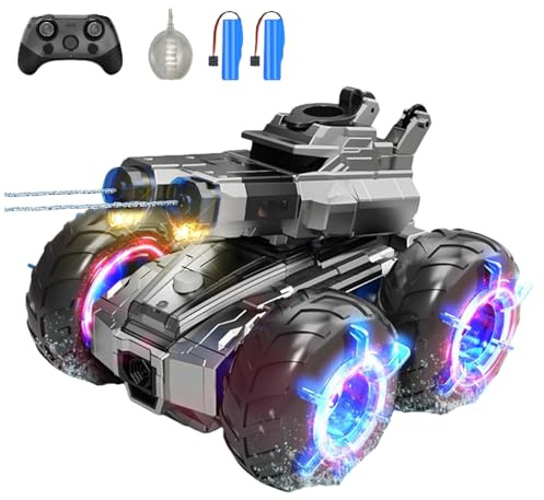 funnykid 3-in-1 RC Panzer 4WD Amphibienfahrzeug mit Wasserkanonen, LED-Lichtern & 2 Akkus (45+ Min Laufzeit) – Ferngesteuertes Auto für Kinder 6 7 8 9 10 11 12, Geländewagen für Land & Wasser