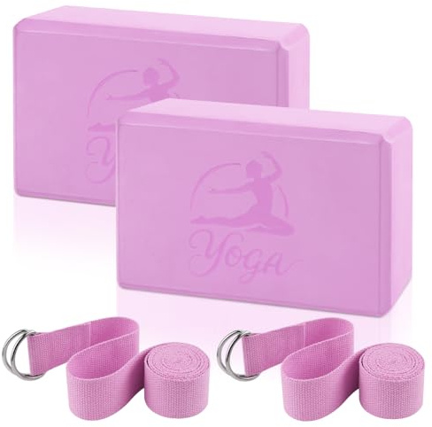Juego de 2 bloques de yoga y 2 correas de yoga, bloques de espuma EVA antideslizantes, bloques de yoga de alta densidad con correa de 6 pies, accesorios de bloque de yoga sin látex para pilates
