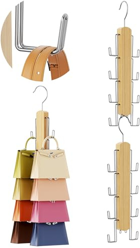 NiHome Wooden Purse Organizer for Closet, 8 Extra-Wide Metal Hooks Handbag Hanger, Space-Saving Hanging Bag Holder & Purse Rack for Closet Organization (Natural, 2 Pack)