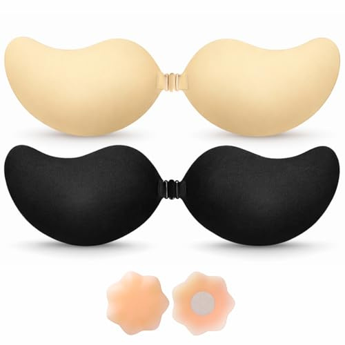 BLOOMORA Självhäftande BH push up – osynlig axelbandslös bh rygglös, set om 2 silikonlim -BHS med klämma – svart och beige klibbig BH – kopp A-D