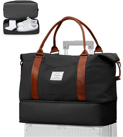 WEPLAN Bolsa Viaje 40x30x20 Ryanair Wizzair Equipaje de Mano Cabina Bolsa Fin de Semana Mujer Bolso Deporte Gimnasio Viaje con Compartimento de Zapatos Bolso Maternidad Hospital,A06-Negro con Marrón