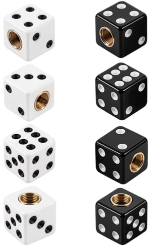 8 Pcs Dice Tire Valve Stem Caps, White and Black Universal Copper Core Dustproof Tire Valve Stem Covers for Cars, SUV, Trucks, Motorcycles, Bikes, Bicycles