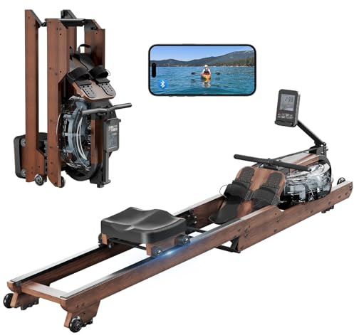 Dripex Foldable Water Rowing Machine for Home Use, Premium Solid Rubber Wood Home Rowing Machine with Bluetooth App, Dual Rail Rower Machine 150kg Max Weight Capacity, Rowing Machines for Home Gym UK