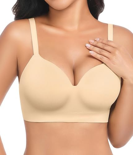 Niwicee Sujetadores sin Aros Mujer Push Up Sin Costuras con Relleno Fijo Sexy Sujetador Reductor en V Tirantes Ajustables Sostén Básico Reductores Comodos Bra (Beige, L)