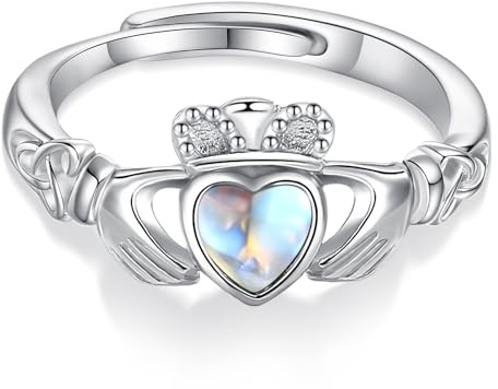AEONSLOVE Bague Claddagh Irlandaise Réglable pour Femme Bague Pierre de Lune Ouverte Argent 925 Bagues de Pouce Fille Argent Anneau Reglable Ajustable