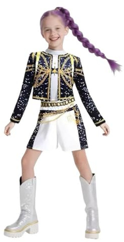 ADCHUNTUCOS Girls Halloween Costume, Black and Yellow Polyester Top and Pants Set for Cosplay Events and Parties (Black, 7-8Years)