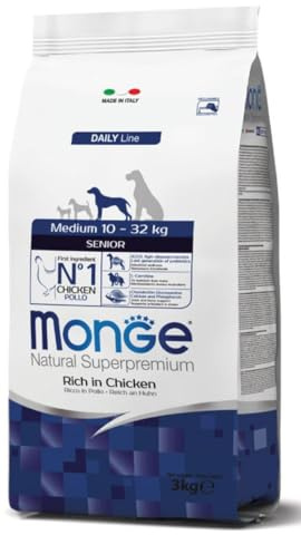 Monge Natural Superpremium Medium Senior Rich in Chicken, Cibo Secco per Cani Anziani (Cibo Secco a Base di Pollo, Senza coloranti e conservanti, alimento Che favorisce l'intestino, 12 kg)