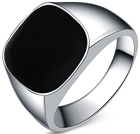 Stainless Steel Black Enamel Signet Ring (11.5)