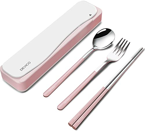 DEVICO Travel Cutlery Set, Camping Cutlery Set for 1, Portable 18/8 Stainless Steel Camping Utensils Include Fork Spoon Chopsticks (Pink)