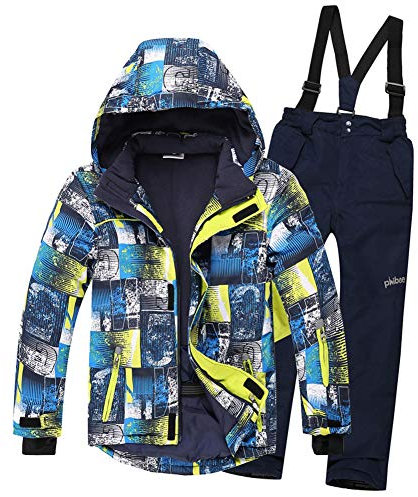 LPATTERN Kinder Jungen/Mädchen Skifahren Bekleidung 2 Teilig Schneeanzug Skianzug(Skijacke+ Skihose), Blau Gelb Jacke+ Dunkelblau Trägerhose, 122/128