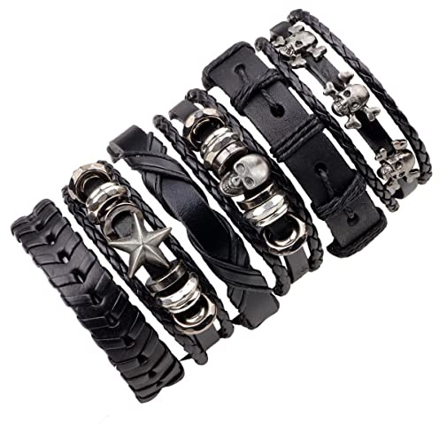 Thajaling Pulsera ancha de cuero trenzado de 6 piezas, pulseras de calavera vintage únicas,Pulseras de cuero hechas a mano, Pulsera de cuero de moda, Adecuado para ciclistas, Músicos de rock