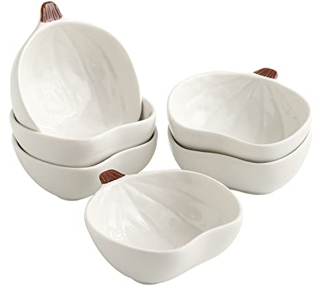 Yeexoxow Lot de 6 petits bols en forme de citrouille pour trempage et sauce, ramequins blancs de 170,1 g, passent au four, mini bols en forme de citrouille pour la cuisson de la crème brûlée, plats de
